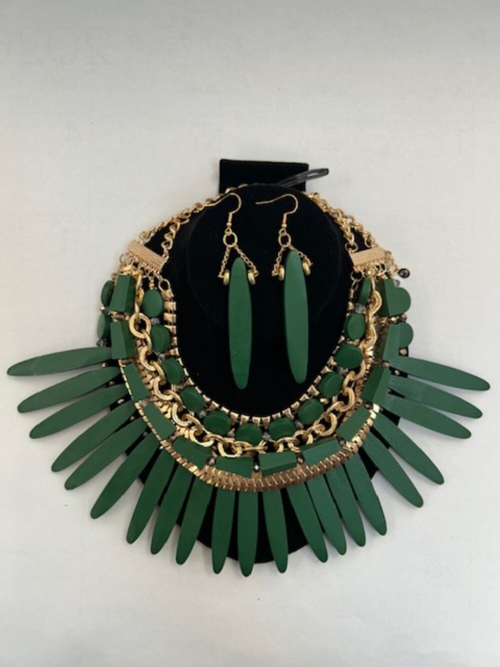 Green and Gold Tribal-Inspired Wooden Necklace & Earring Set